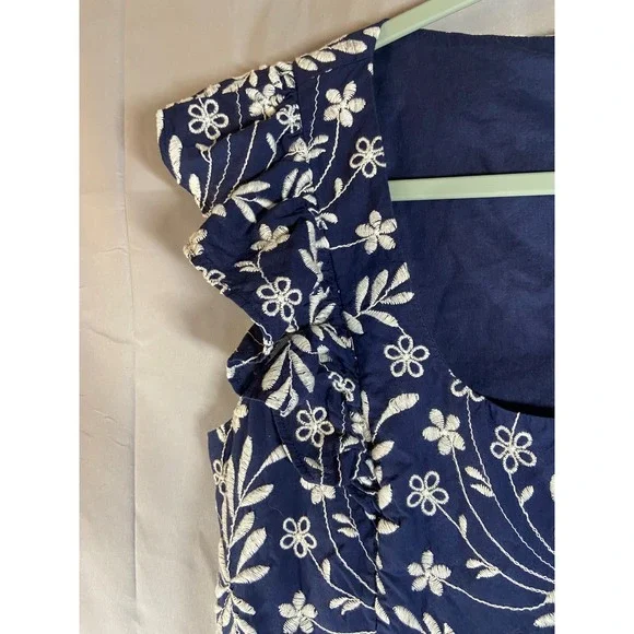 Draper James Navy Blue Floral Embroidered Flutter Sleeve Dress Size 12 Brunch - Picture 3 of 12